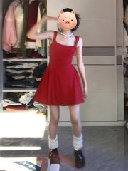 2025新款韓系氛圍感紅色吊帶連衣裙子女夏小個子氣質辣妹收腰短裙