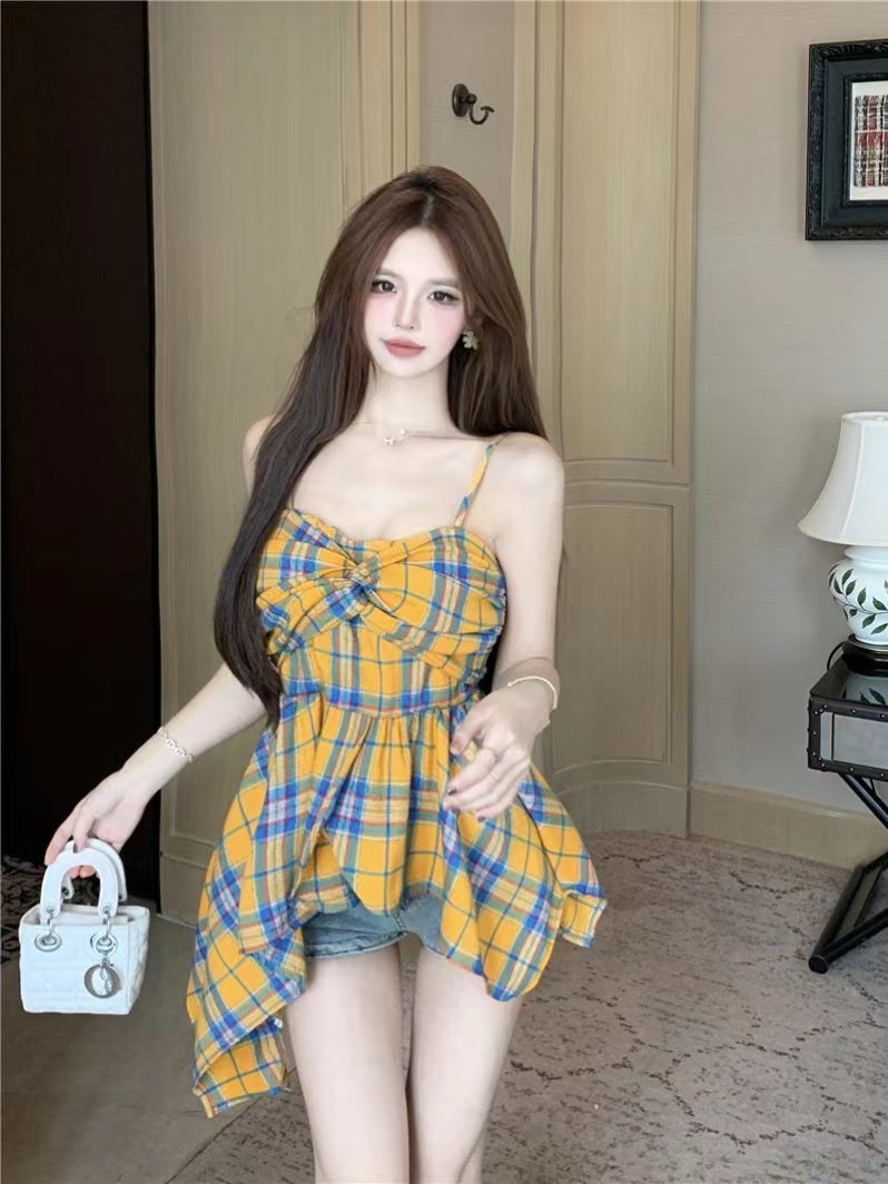 Original method ~ Retro versatile irregular plaid sleeveless suspender adjustable slimming commuter suspender top