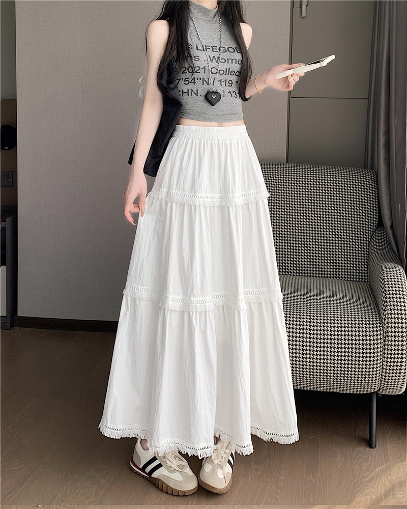 Real shot of women's new white cake skirt high-waisted A-line lace spliced ​​long skirt