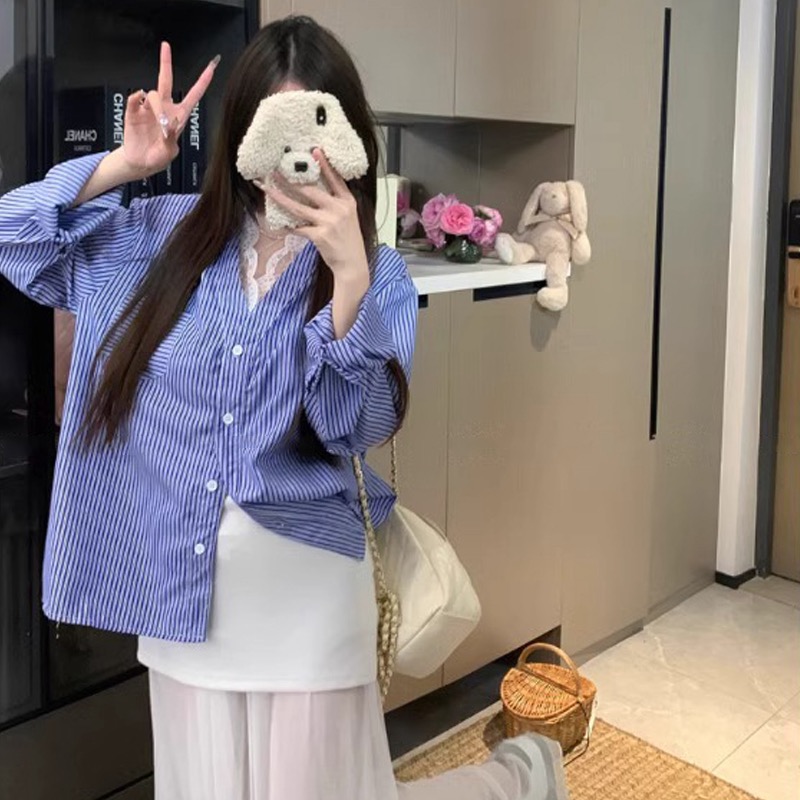 原版做工高級感荷葉邊拼接襯衫女長袖2025新款寬鬆大版上衣春