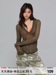 APEA微透輕薄爽滑竹節麻簡約大v領針織長袖上衣薄款辣妹高級感T恤