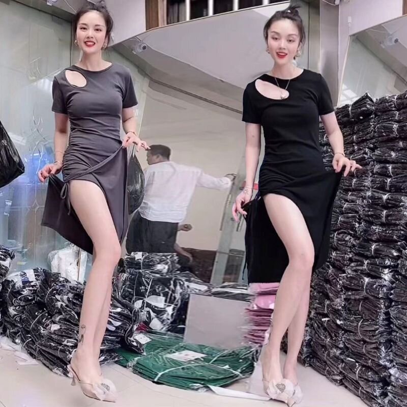 2025夏季新款女裝心機小黑裙設計感小眾不規則抽繩褶皺包臀連衣裙