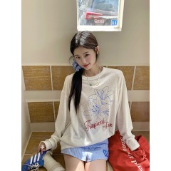 雪花棉韓系T恤防曬罩衫女 春夏款百合印花長袖休閒寬鬆薄款上衣