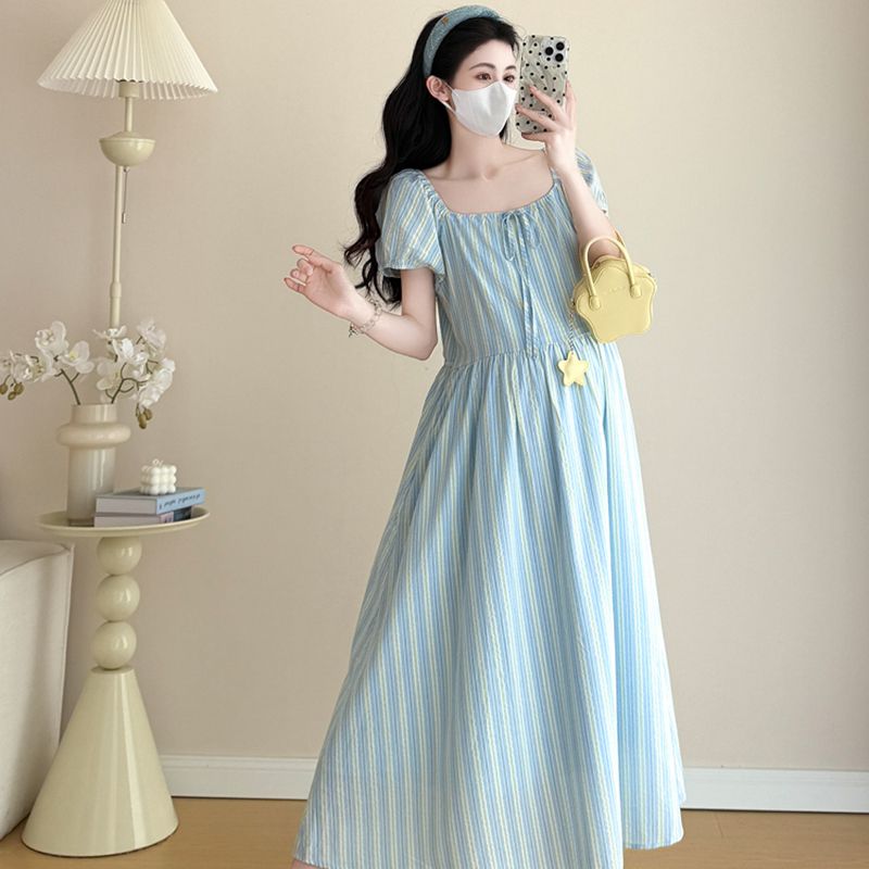 法式設計感短袖氣質條紋連衣裙女夏季2025新款小個子大碼顯瘦長裙
