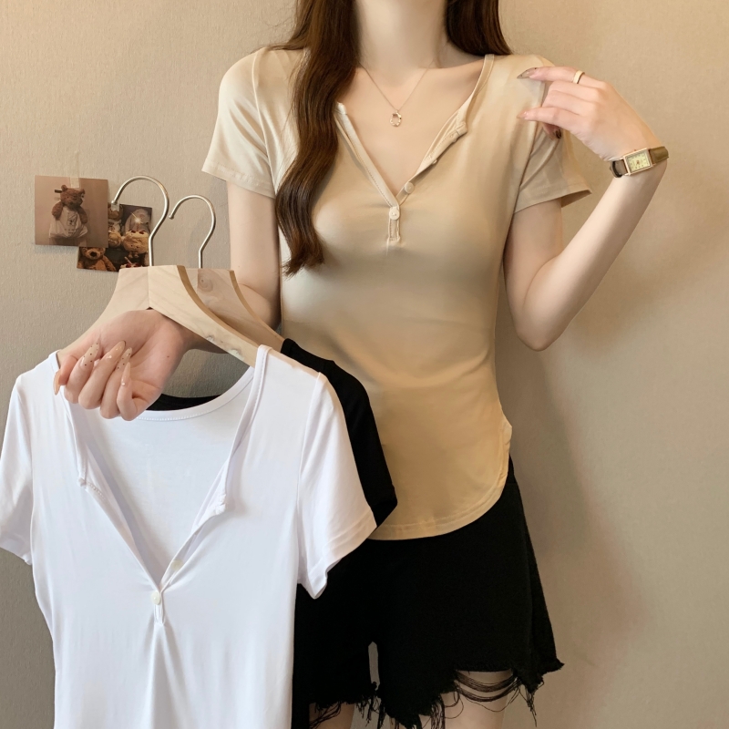 40 pure cotton 210g 92 cotton/8 spandex short-sleeved T-shirt for women V-neck