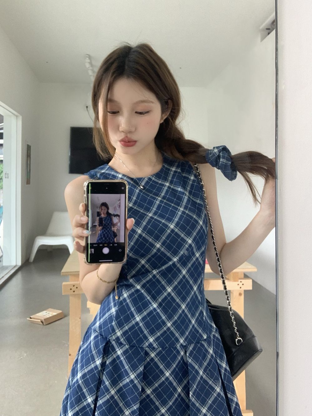 Real-life three-standard printed plaid sleeveless dress in summer new product slimming hem press pleated skirt