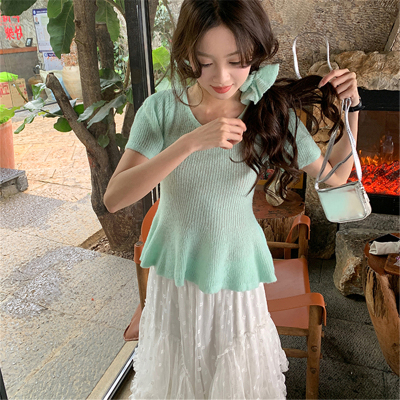Korean sweet candy color short-sleeved shirt in summer new slim lotus leaf skirt knitted hair ring top for women