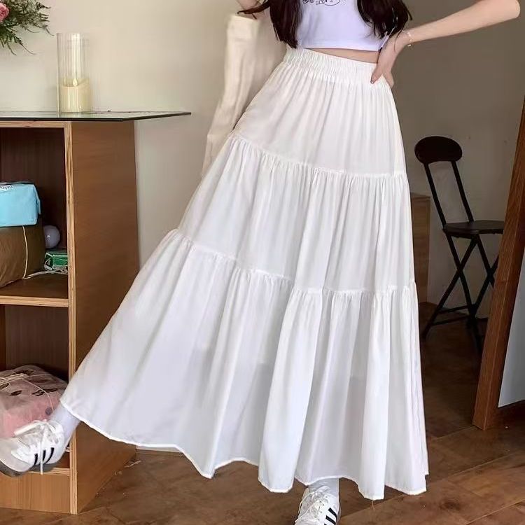 Korean chic gentle wind ice silk skirt for women in summer drooping large size high waist A-line fairy princess cake skirt