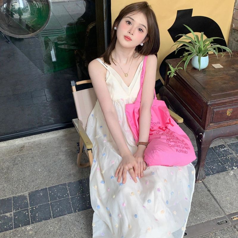 溫柔風絕美小裙彩色波點甜美吊帶連衣裙長裙夏季海邊度假沙灘裙子