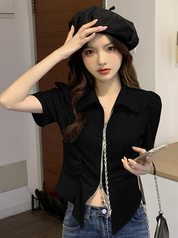 黑色系拉鏈收腰褶皺設計感翻領短袖上衣女夏季單穿超好看辣妹t恤