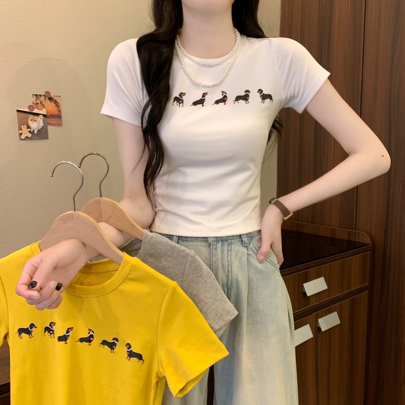 Real shot of new American hottie casual design printed short niche navel short sleeve top