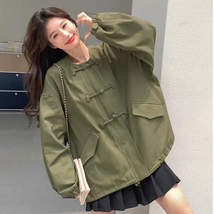 New Chinese Style National Style Military Green Workwear Windbreaker Jacket Women Spring and Autumn 2025 New Button Up Top Jacket Fashion
