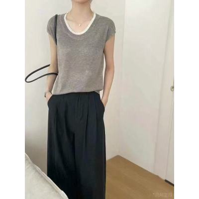 U領修身無袖短款百搭上衣女短袖休閒夏小眾拼接蕾絲上衣
