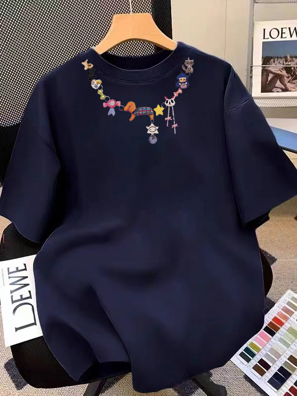 Pure cotton women's short-sleeved T-shirt for women 2025 spring and autumn fashionable age-reducing cartoon printed round neck top