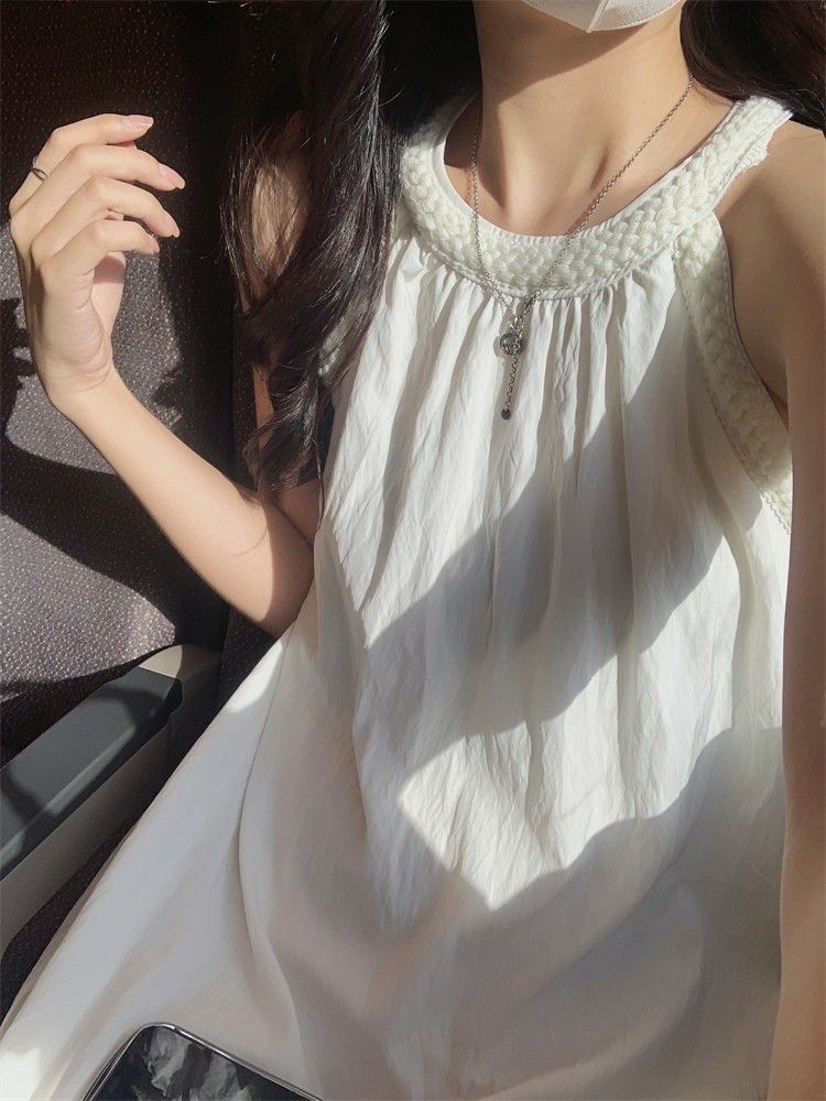 法式溫柔風海邊度假掛脖無袖連衣裙女夏季氣質裙子顯瘦A字裙長裙