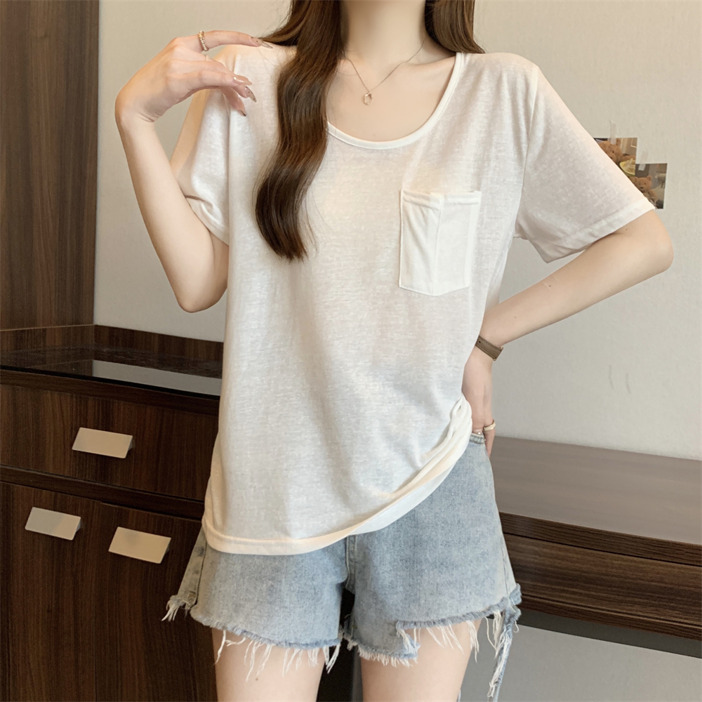 Pure cotton bamboo joint cotton 100% cotton pocket thin short-sleeved T-shirt for women breathable sun protection
