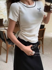蝴蝶結圓領側邊抽繩設計氣質減齡短袖T針織衫
