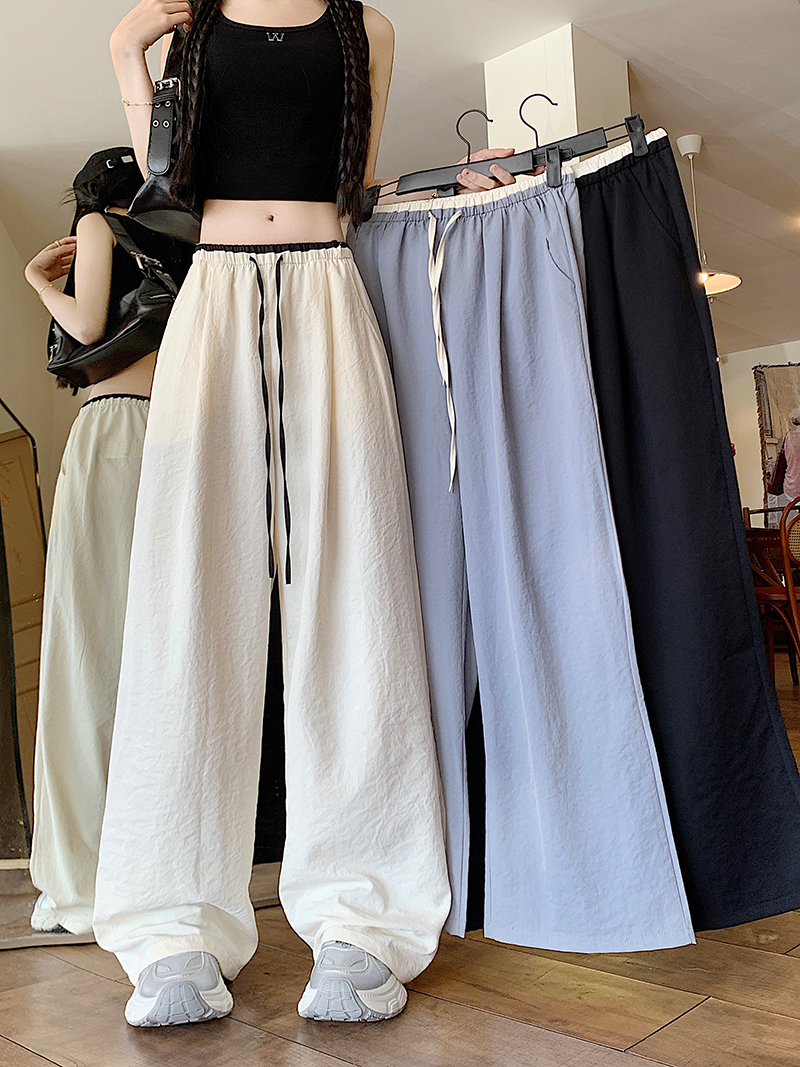 Real shot, original quality, contrasting color ice silk wide-leg pants for women, summer thin texture, straight-leg casual pants