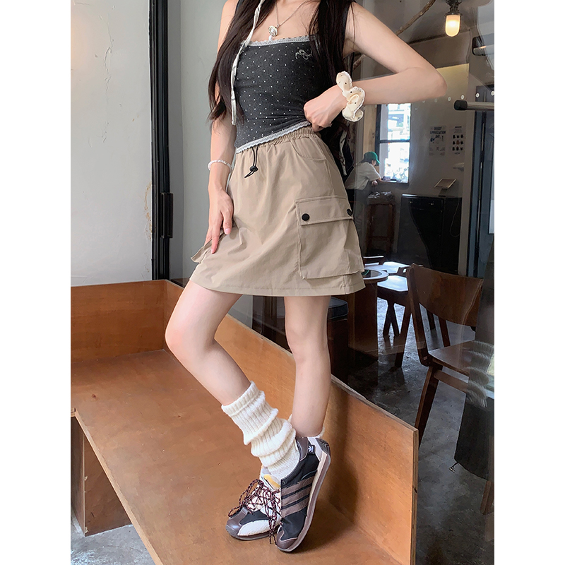 Real shot!  2025 elastic waist drawstring loose casual short skirt design versatile work skirt strap lining