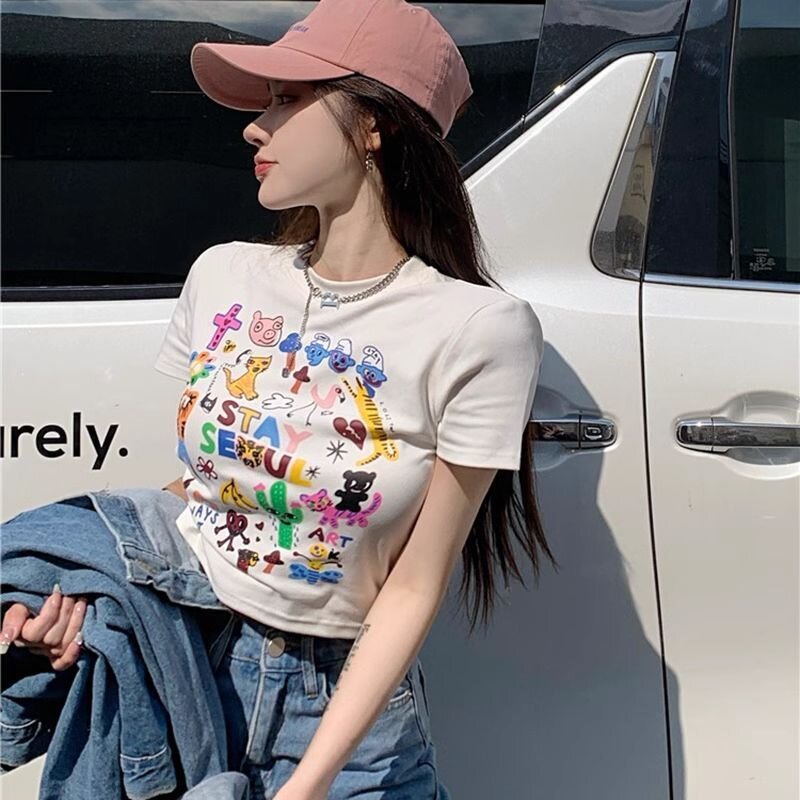 2025夏季新款韓版卡通印花修身顯瘦露臍短袖T恤女高腰短款上衣潮