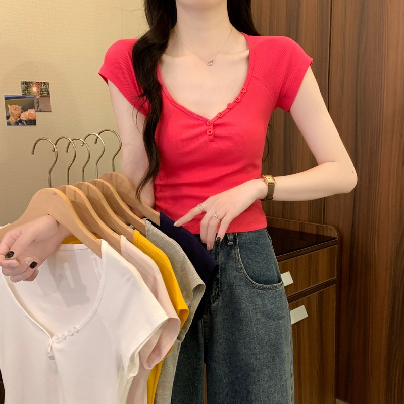 Real shot of new summer design niche slim pure sexy sweet short short-sleeved top