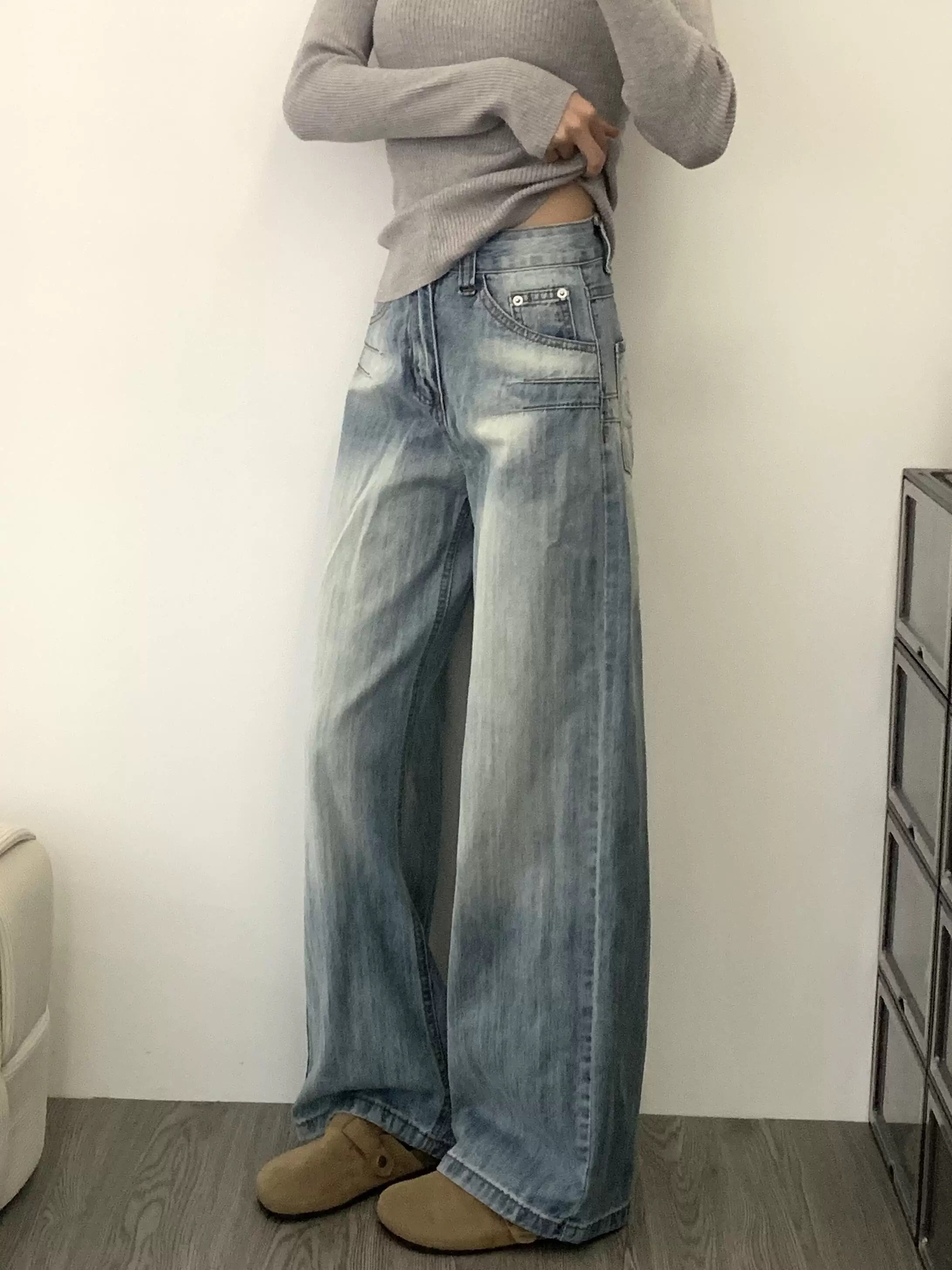 American retro washing straight jeans for women 2025 new high waist loose slimming draped wide-leg floor trousers
