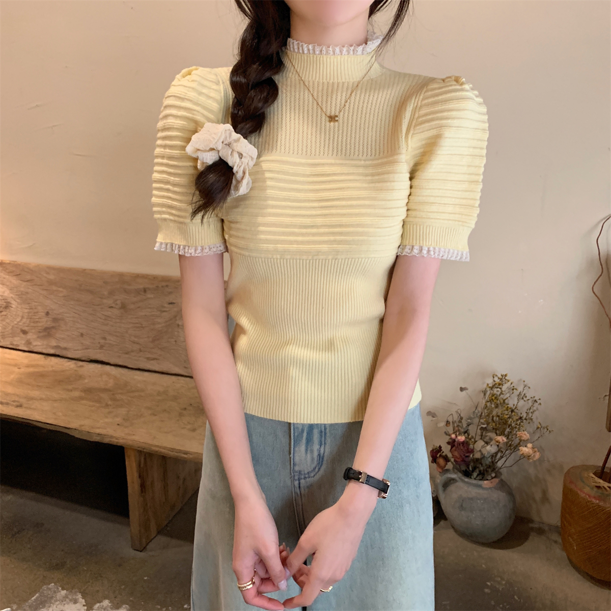 Real shot of summer Korean style half turtleneck lace puff sleeve design knitted short-sleeved top