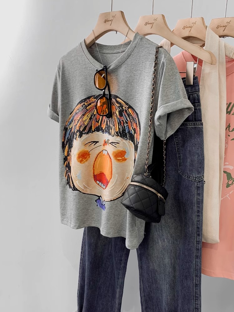 Original Print 21 Pieces Super Comfortable Cotton 200g Back Collar 240 lbs Extra Large Cartoon T-Shirt for Women