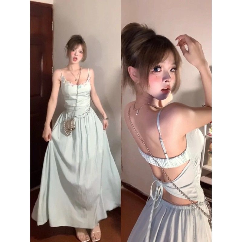 2025新款法式絕美吊帶連衣裙子女夏季小個子海邊度假氣質仙女長裙