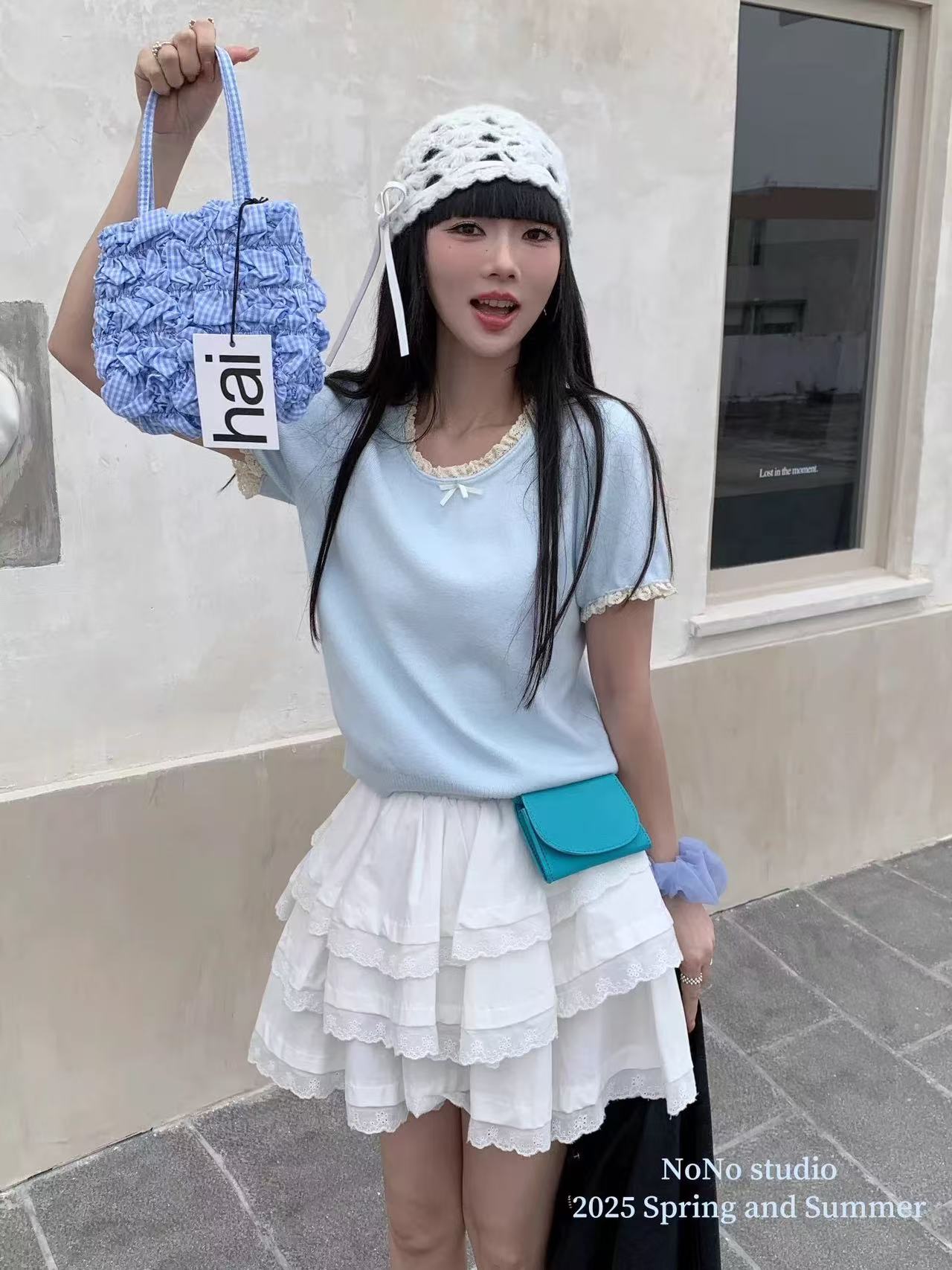 NONO韓系蕾絲花邊拼接圓領短袖針織衫