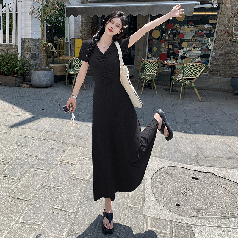 Shot~Design Folded V-Neck Short-Sleeve Dress for Women, Summer New Arrival, Elegant Plus Size Slimming Minority Long Dress Trend