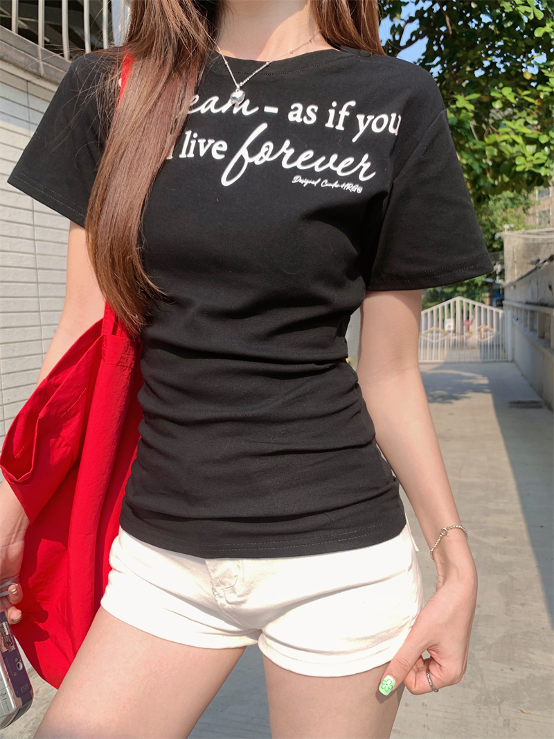 Real photo, real letter printed short-sleeved T-shirt for women, gray slim waist pinched, slim design top