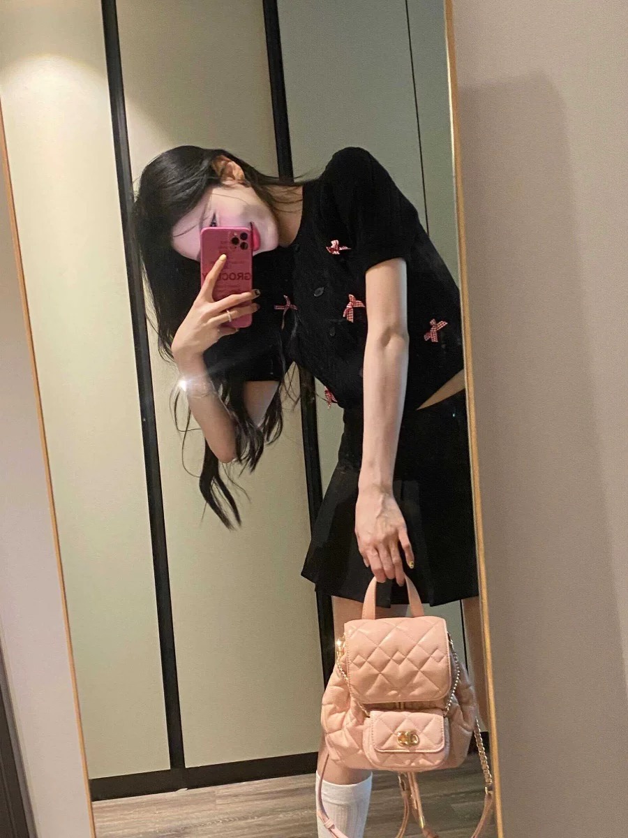 Thin design bow black short-sleeved knitted cardigan for women in summer new hot girl slim short top