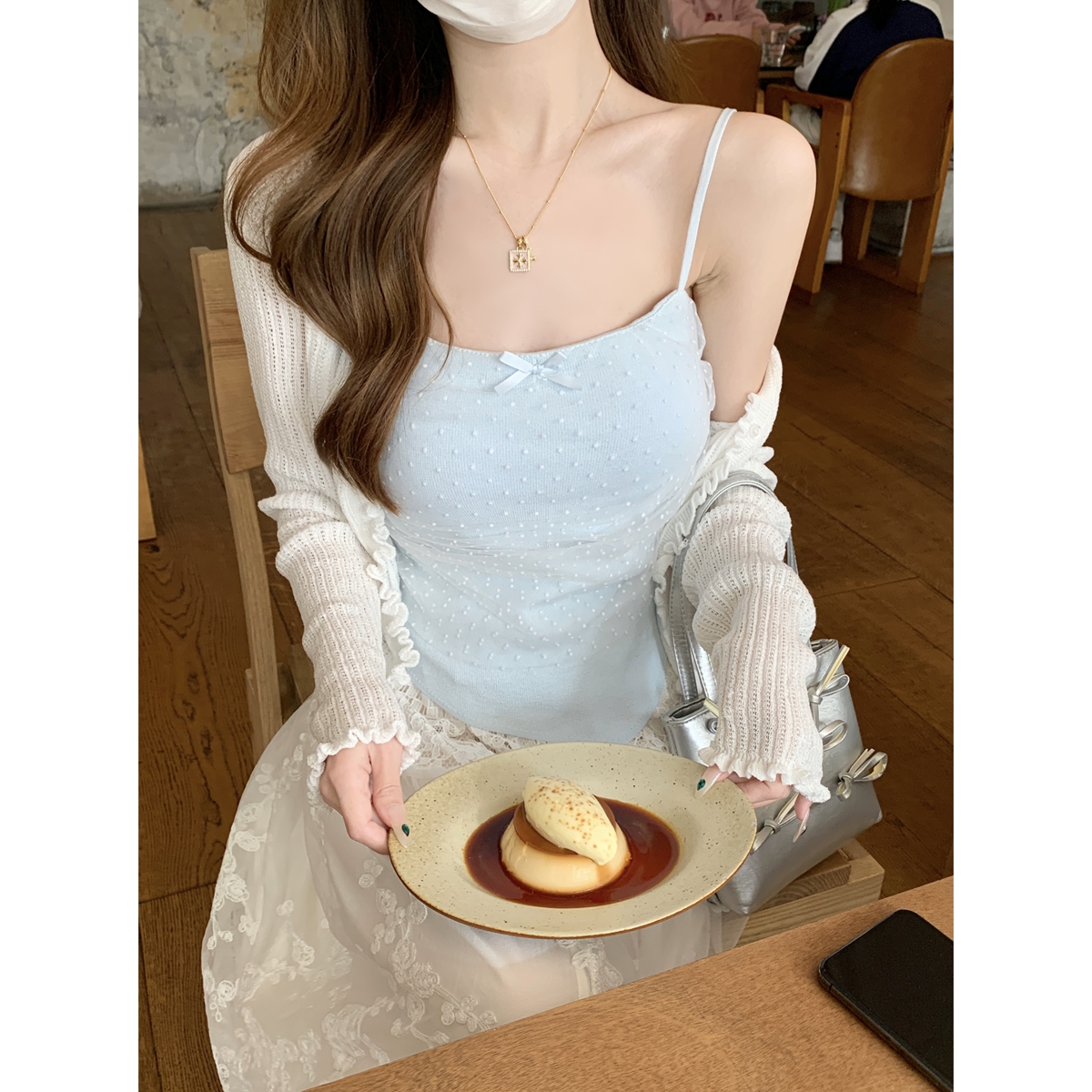 Real shot of summer Korean version pure polka dot mesh double-layer splicing 6 wool sweater suspender inner vest