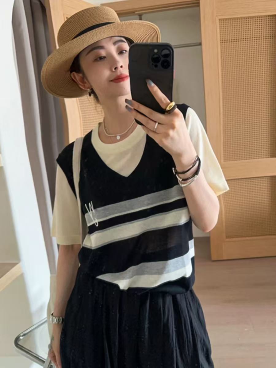 假兩件撞色條紋V領針織衫短袖T恤女歐洲站夏裝薄款設計感減齡上衣