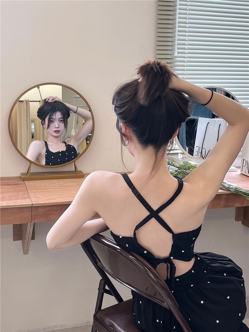 黑色波點吊帶連衣裙女夏季新款辣妹性感純欲風小眾復古收腰長裙子