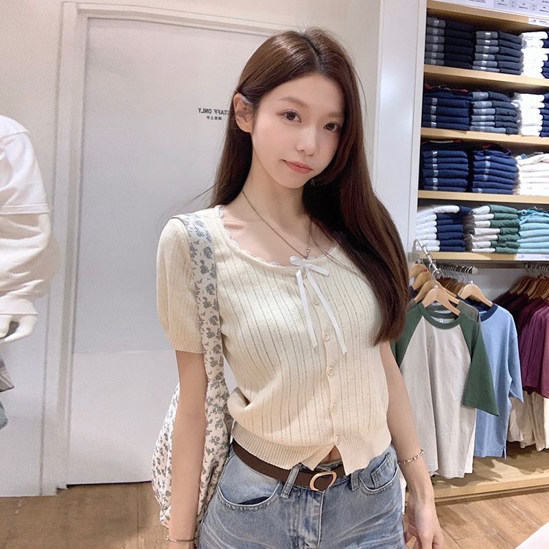 實拍~方領蕾絲拼接短袖針織T恤女夏季甜美大碼顯瘦正肩短款上衣