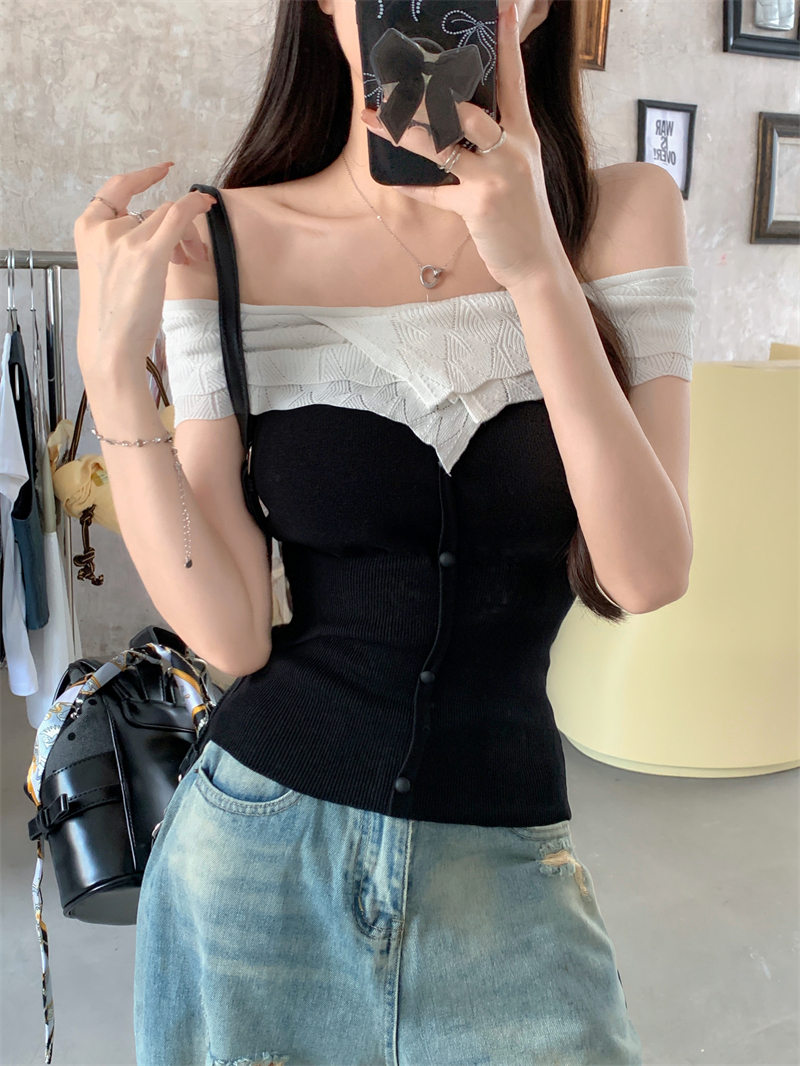 Real photo Real new summer French cake lace sweater women one shoulder knit top