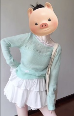 Mint Mambo Lace Spliced ​​Hollow Micro-Transported Long Sleeve T-shirt for Women in Spring and Summer Lazy Loose Sunscreen Top