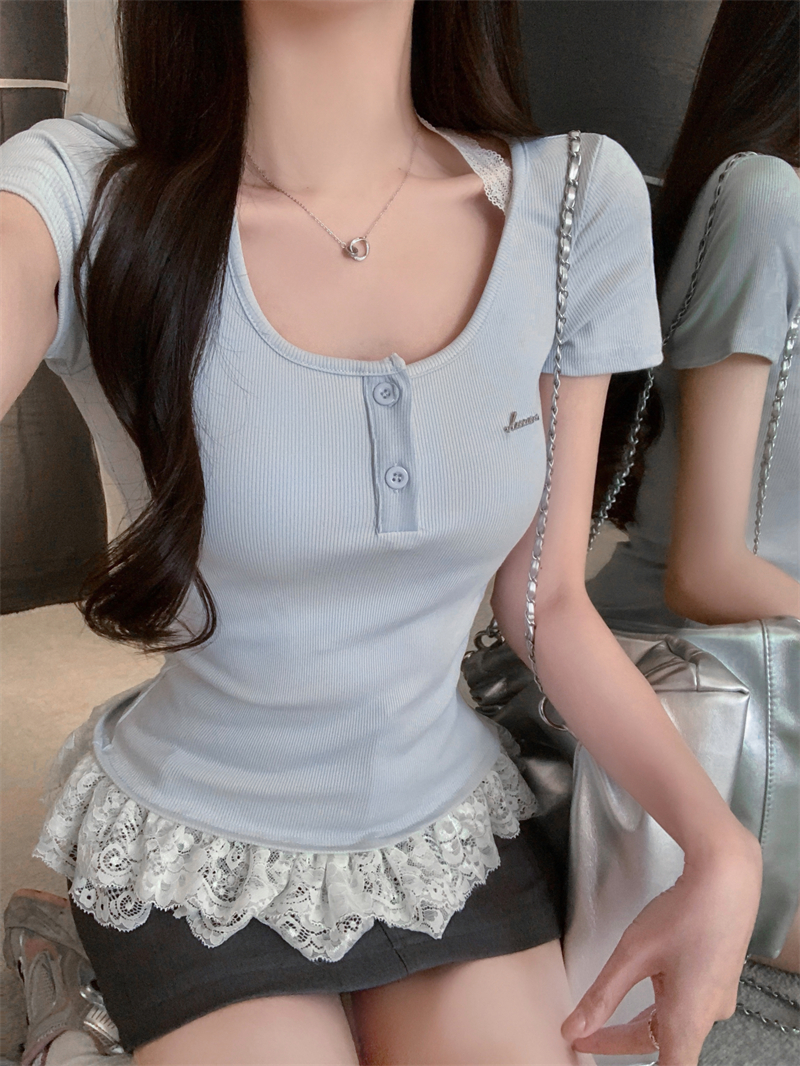 Real shot, real, pure and fake two-piece spliced ​​halter neck short-sleeved T-shirt lace pleated waist-retracted body slim
