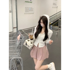 Real shot of spring slim fish bone hooded double zipper design long-sleeved cardigan T-shirt top jacket