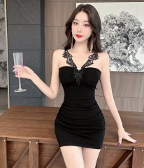 Real shot of sexy lace spliced ​​cotton short-sleeved hip-covered bottoming dress