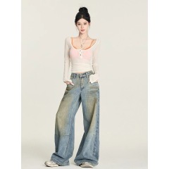 原版面料亨利領柔軟觸感豎條紋打底衫女新款內搭修身長袖T恤