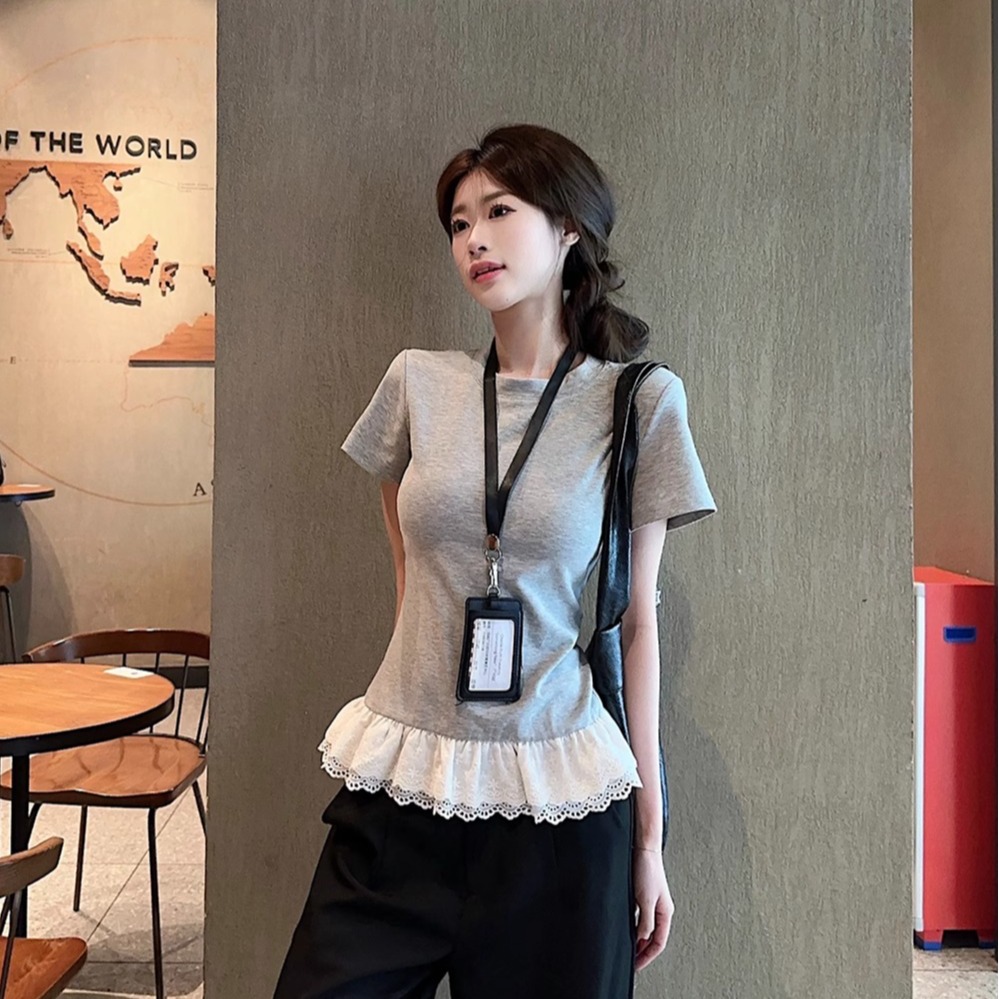 Pure cotton Korean chic design lace spliced ​​short-sleeved T-shirt for women in summer small slim top trendy
