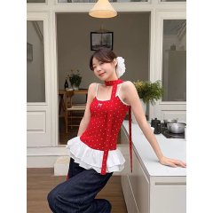 波點紅色吊帶背心女春季2025新款收腰顯瘦花邊辣妹氣質短款上衣潮
