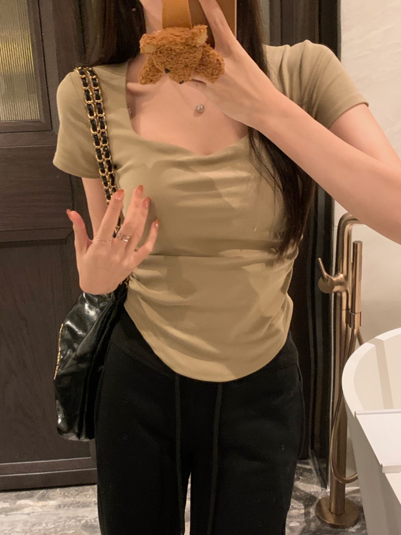 實拍  40支純棉210克92棉/8氨綸褶皺短袖T恤女桃心領