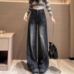 黑灰色拼接牛仔褲女春秋設計感寬鬆大碼胖mm直筒拖地闊腿長褲子夏