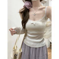 Real shot of summer Korean version pure sweet bow lace 6 wool sweater inner strap vest