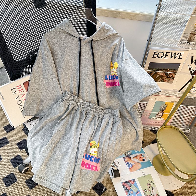 Real shot of 2025 summer Korean version pure cotton quality large size hooded shorts two-piece set for women
