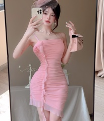 Real shot of versatile sexy mesh tassel splicing short slim hip suspender dress
